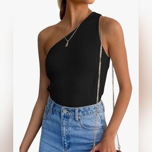 Black One Shoulder Tank Summer Sleeveless T Shirt Ribbed Knit Slim Fit Sexy Sm